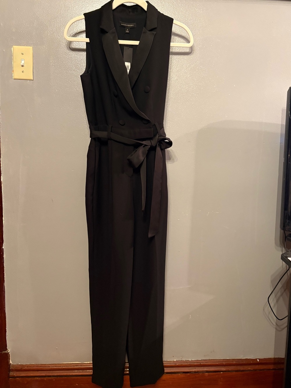 Banana Republic Black Tuxedo-Style Sleeveless Double-Breasted Jumpsuit with Belt